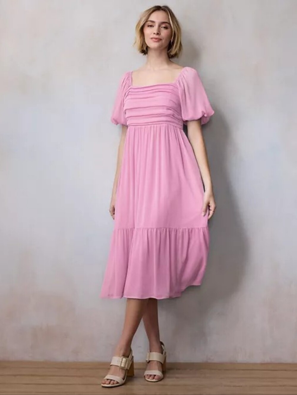 NWT LC Lauren Conrad Pink Square Neck Pleated Bodice Midi Dress Size M - Picture 2 of 3